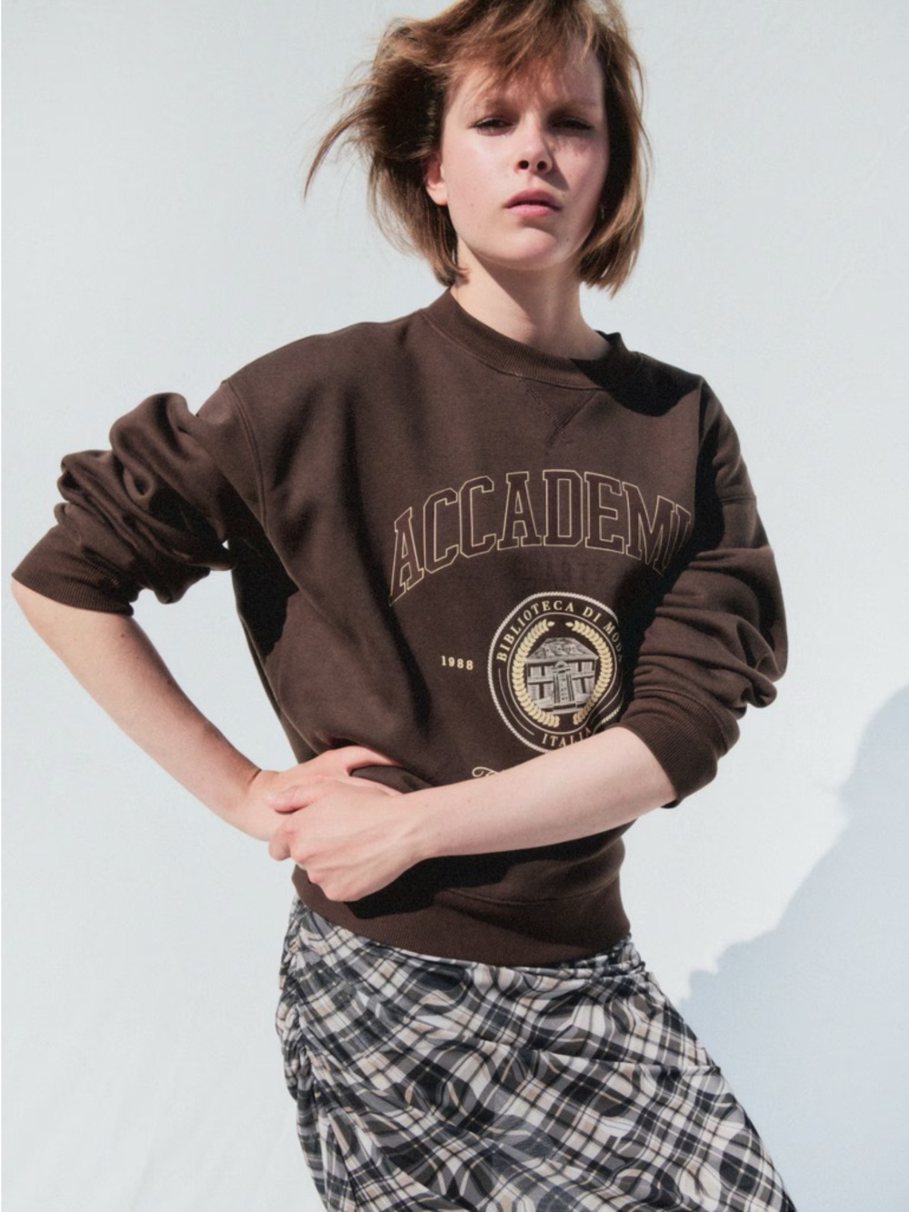 H&M Brown Graphic Crewneck Sweater - ACCADEMIA Print